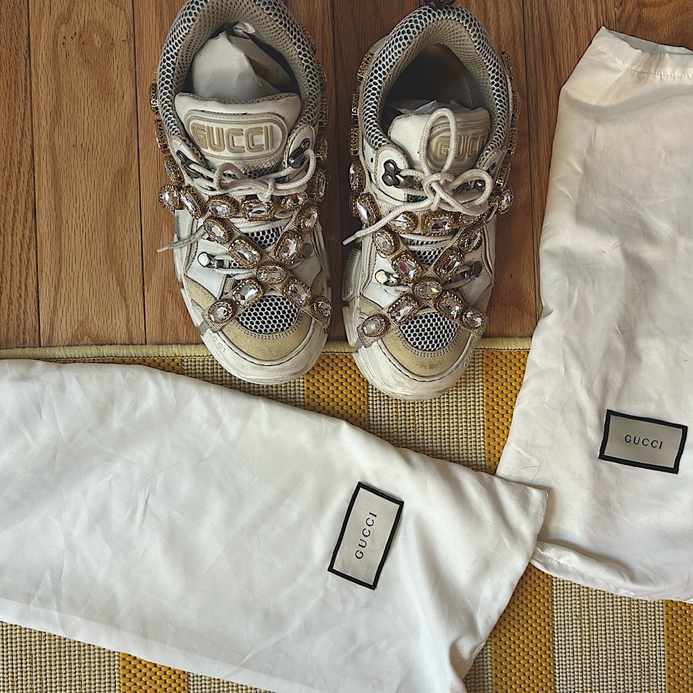 White Gucci Flashtrek Shoes with removable Crystals